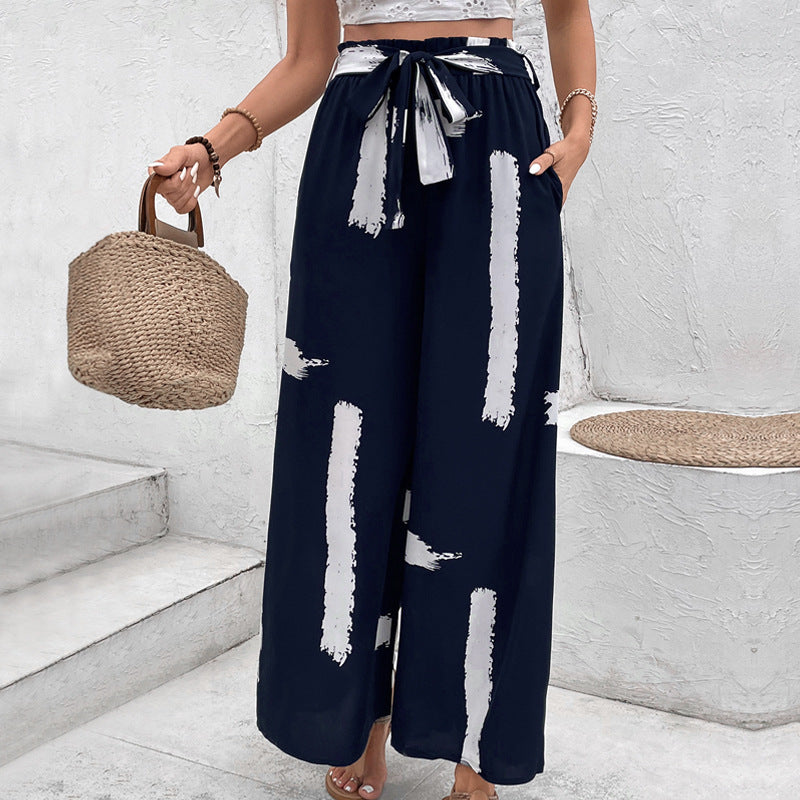 Personalized vacation style lace up printed loose wide leg women's summer pants
