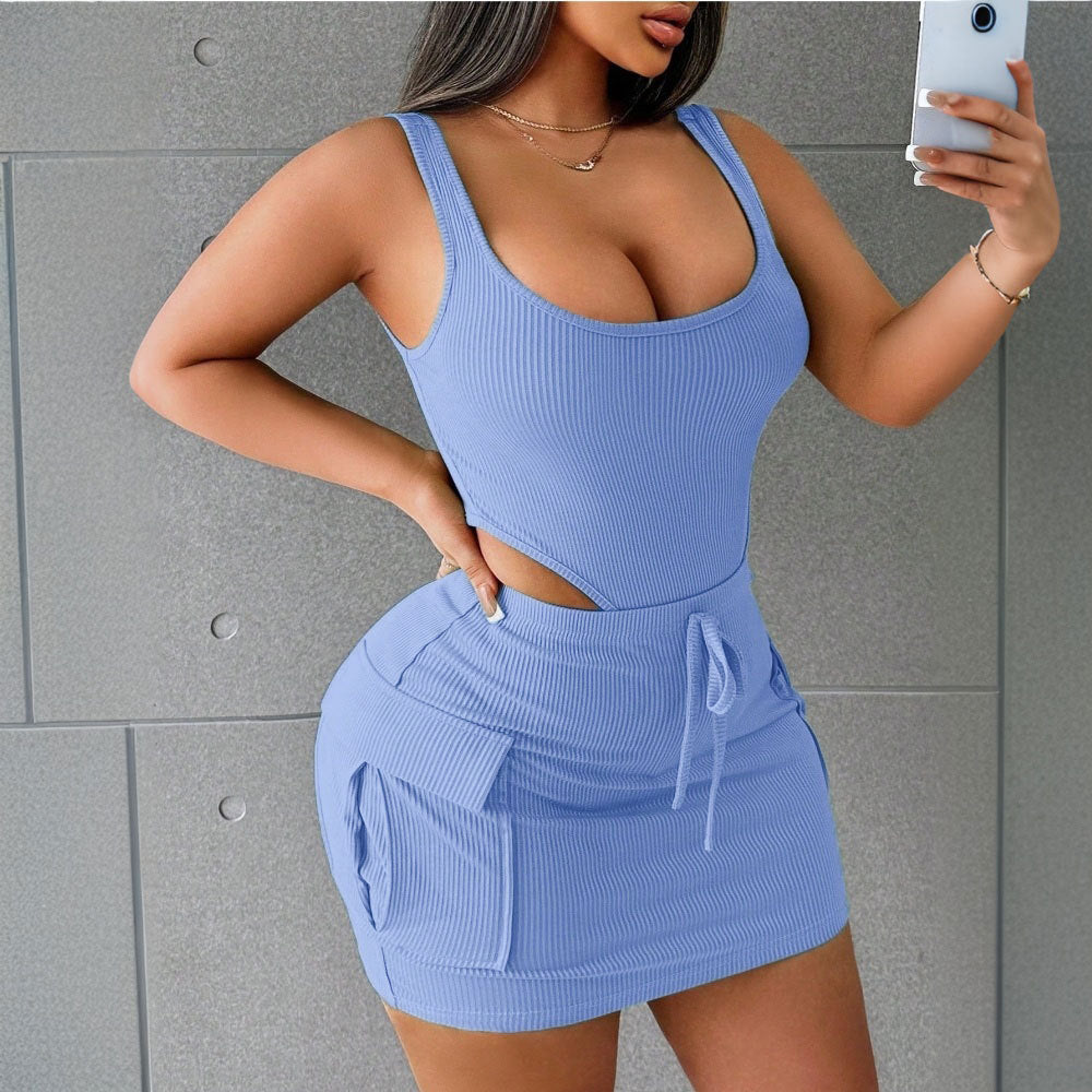European and American women's fashionable casual jumpsuit workwear bag short skirt set