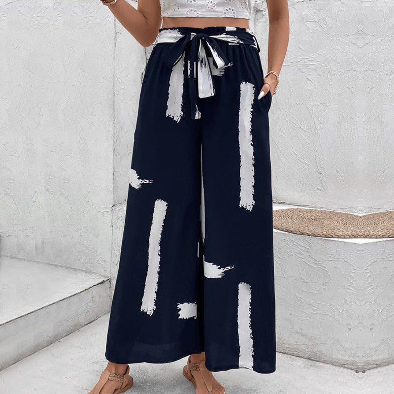 Personalized vacation style lace up printed loose wide leg women's summer pants