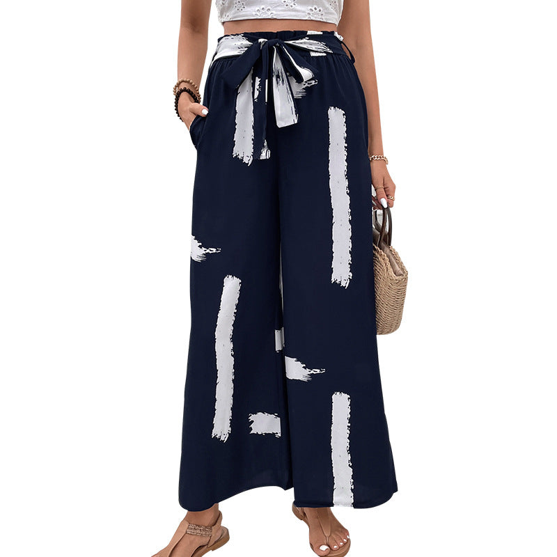 Personalized vacation style lace up printed loose wide leg women's summer pants