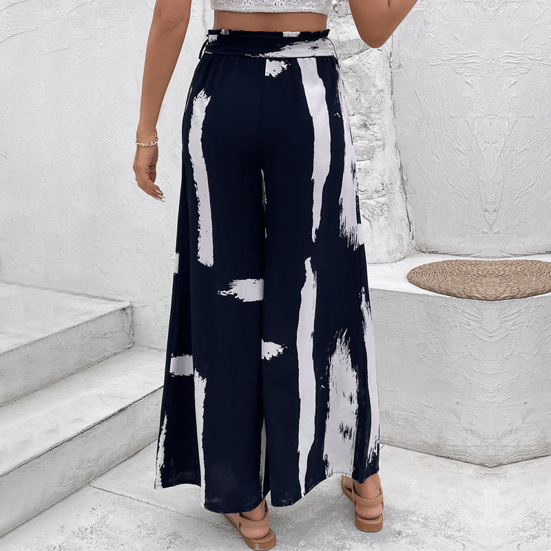 Personalized vacation style lace up printed loose wide leg women's summer pants
