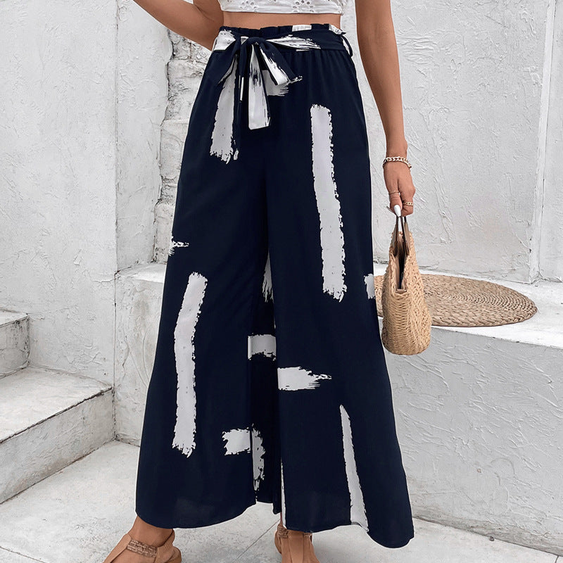 Personalized vacation style lace up printed loose wide leg women's summer pants
