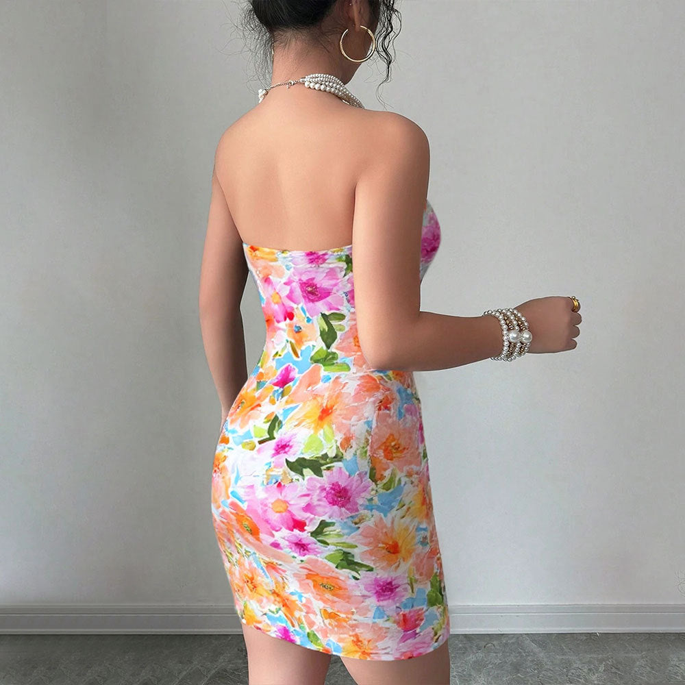 European and American sexy printed bag hip dress with floral detailing slim fit strapless skirt