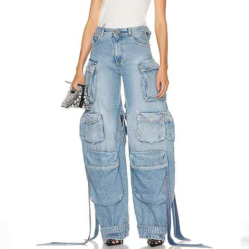 Heavy industry multi pocket denim pants with decorative straps and split back work pants