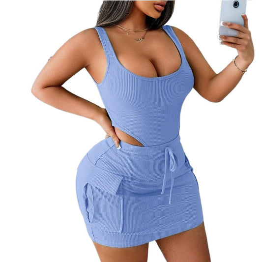 European and American women's fashionable casual jumpsuit workwear bag short skirt set
