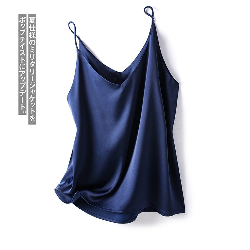 V-neck single shoulder camisole women's satin solid color tank top