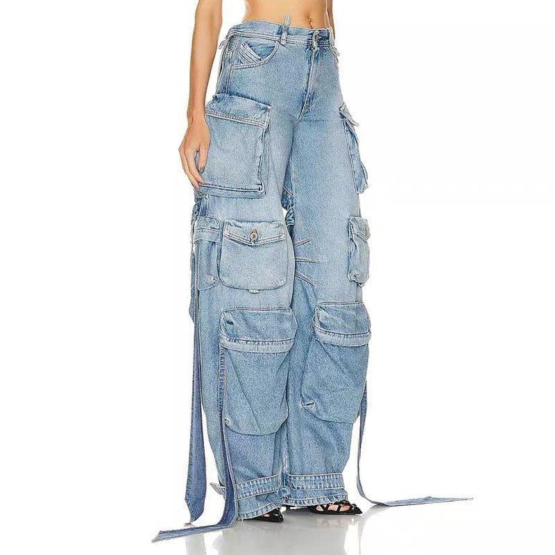 Heavy industry multi pocket denim pants with decorative straps and split back work pants