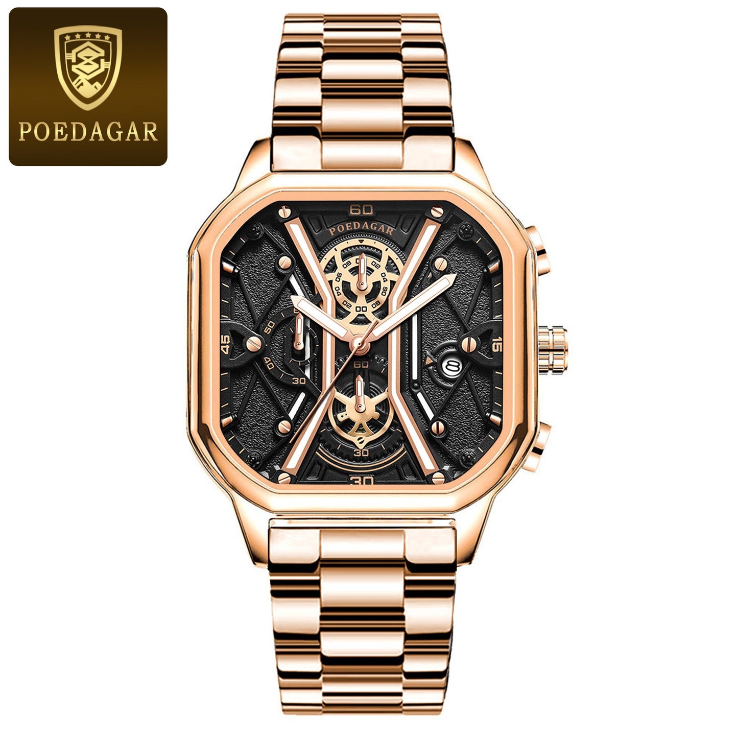 POEDAGAR Fashion Men Luxury Wristwatches Chronograph Luminous Waterproof Date Man Watch Square Dial Leather Quartz Men's Watches