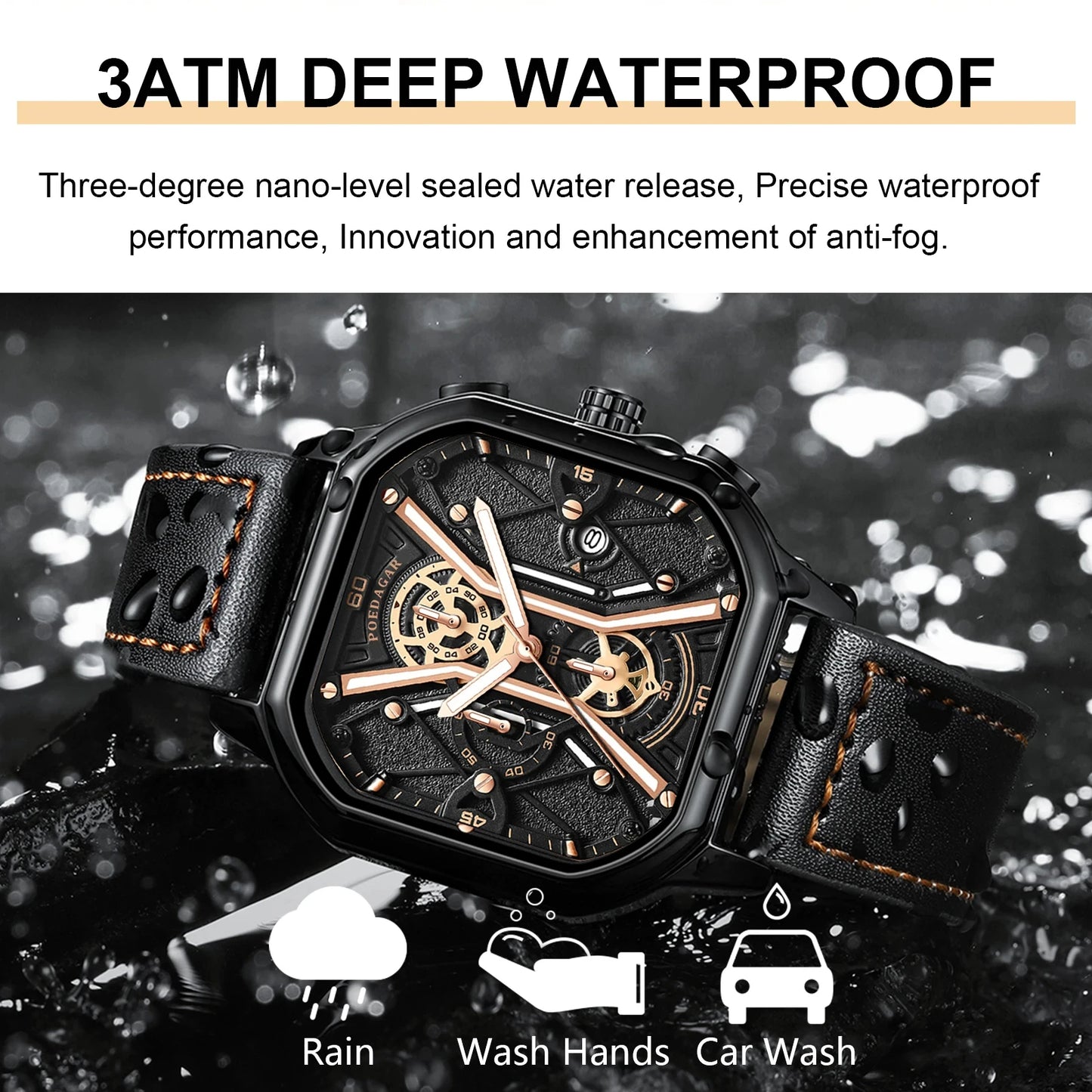 POEDAGAR Fashion Men Luxury Wristwatches Chronograph Luminous Waterproof Date Man Watch Square Dial Leather Quartz Men's Watches