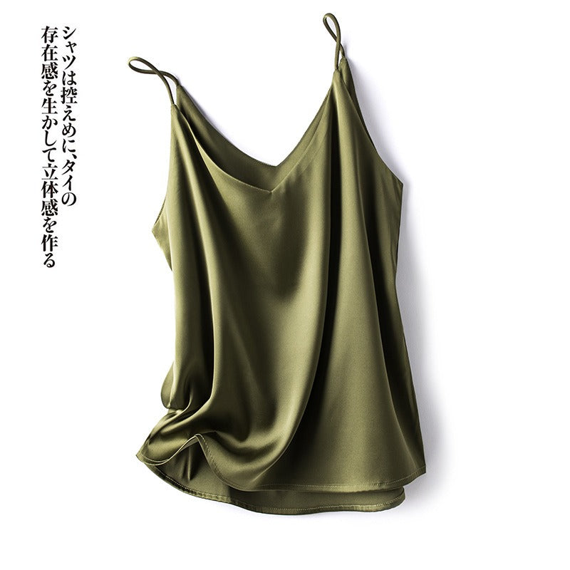 V-neck single shoulder camisole women's satin solid color tank top