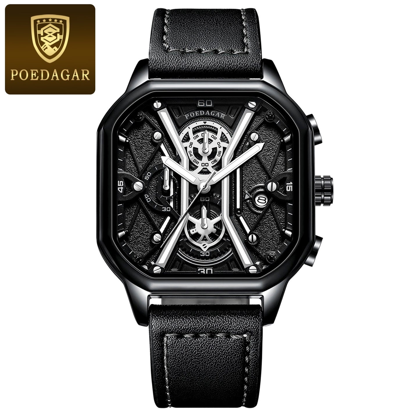 POEDAGAR Fashion Men Luxury Wristwatches Chronograph Luminous Waterproof Date Man Watch Square Dial Leather Quartz Men's Watches