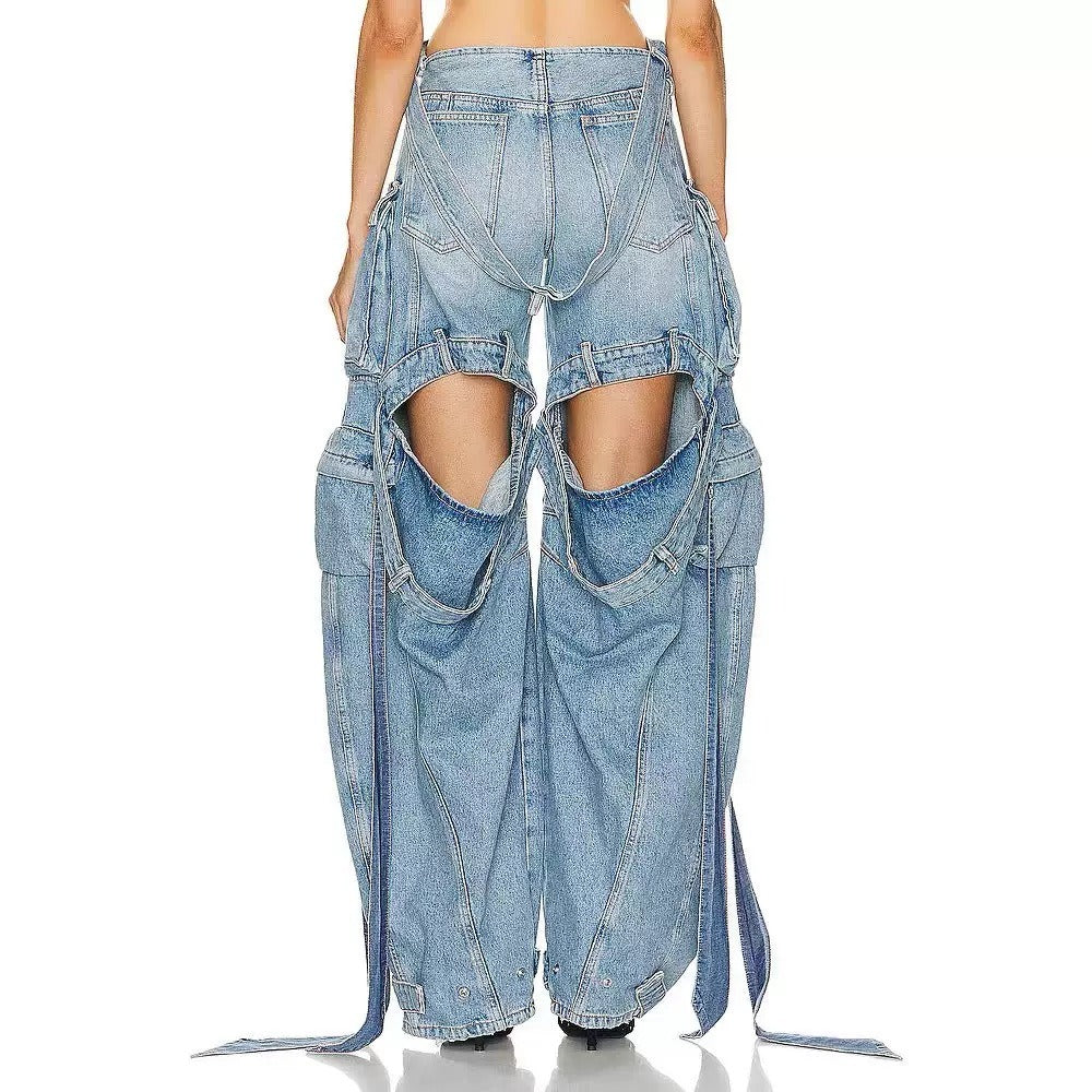 Heavy industry multi pocket denim pants with decorative straps and split back work pants