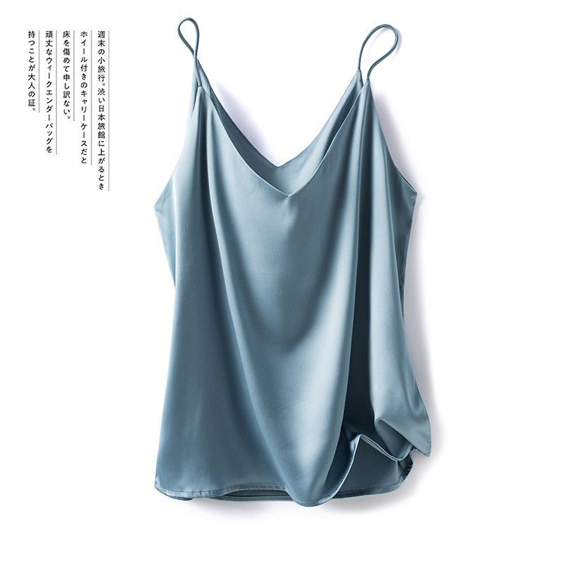 V-neck single shoulder camisole women's satin solid color tank top