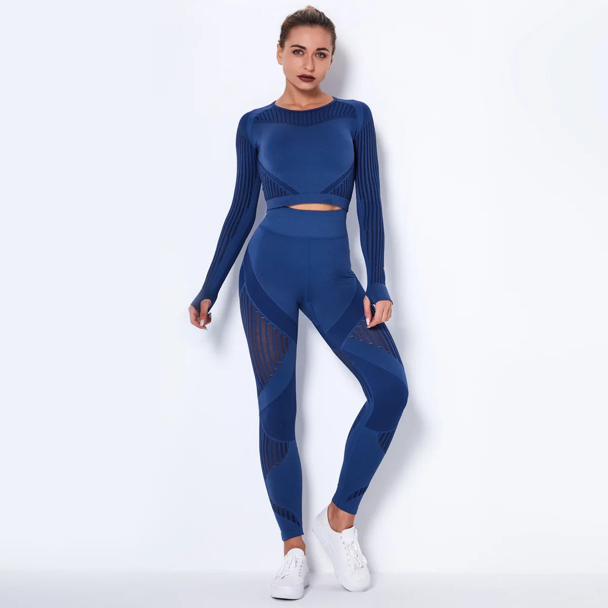 Women Seamless Gym Sets High Waist Gym Mesh Leggings Shirts Suit Long Sleeve Fitness Workout Sports Running Thin Sport Sets