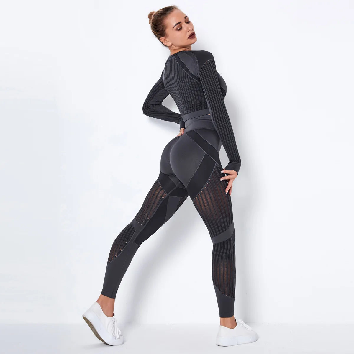 Women Seamless Gym Sets High Waist Gym Mesh Leggings Shirts Suit Long Sleeve Fitness Workout Sports Running Thin Sport Sets